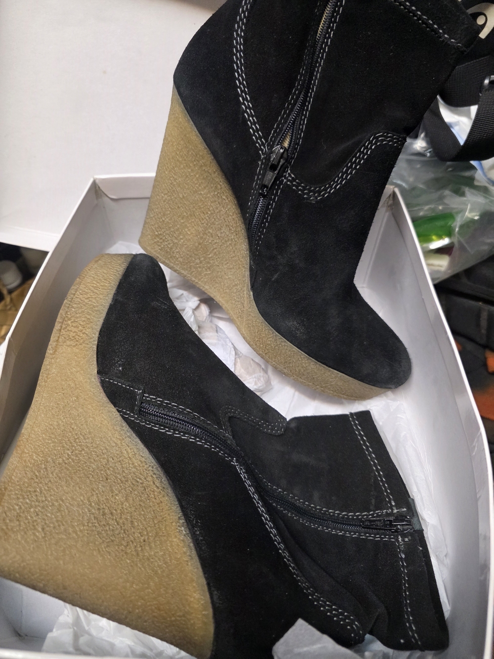 Diesel Black Suede Wedge Ankle Boots with Tan Crepe Heel